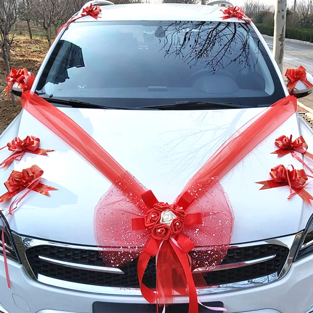 Organza Car Decoration Set,Bride Couple Wedding Car Bow Large Tulle Bow Giant Bow Decorative Bow for Car Decoration Wedding New Houses Party Celebration Valentine's Day Bridal Car Decoration,Red A