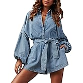 EZAPINE Women's Casual Denim Romper Belted Lantern Sleeve Jean Jumpsuits with Pockets