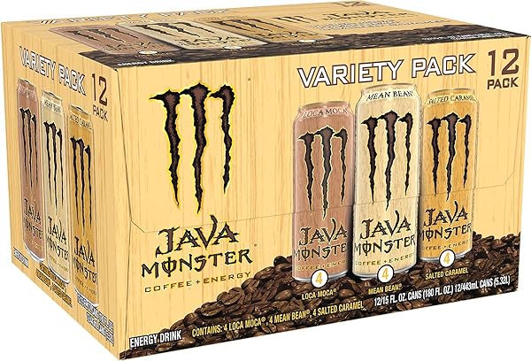 MONSTER ENERGY JAVA MONSTER VARIETY PACK – MEAN BEAN, LOCA MOCA, SALTED CARAMEL, COFFEE + ENERGY DRINK, 15 OZ (12 PACK)