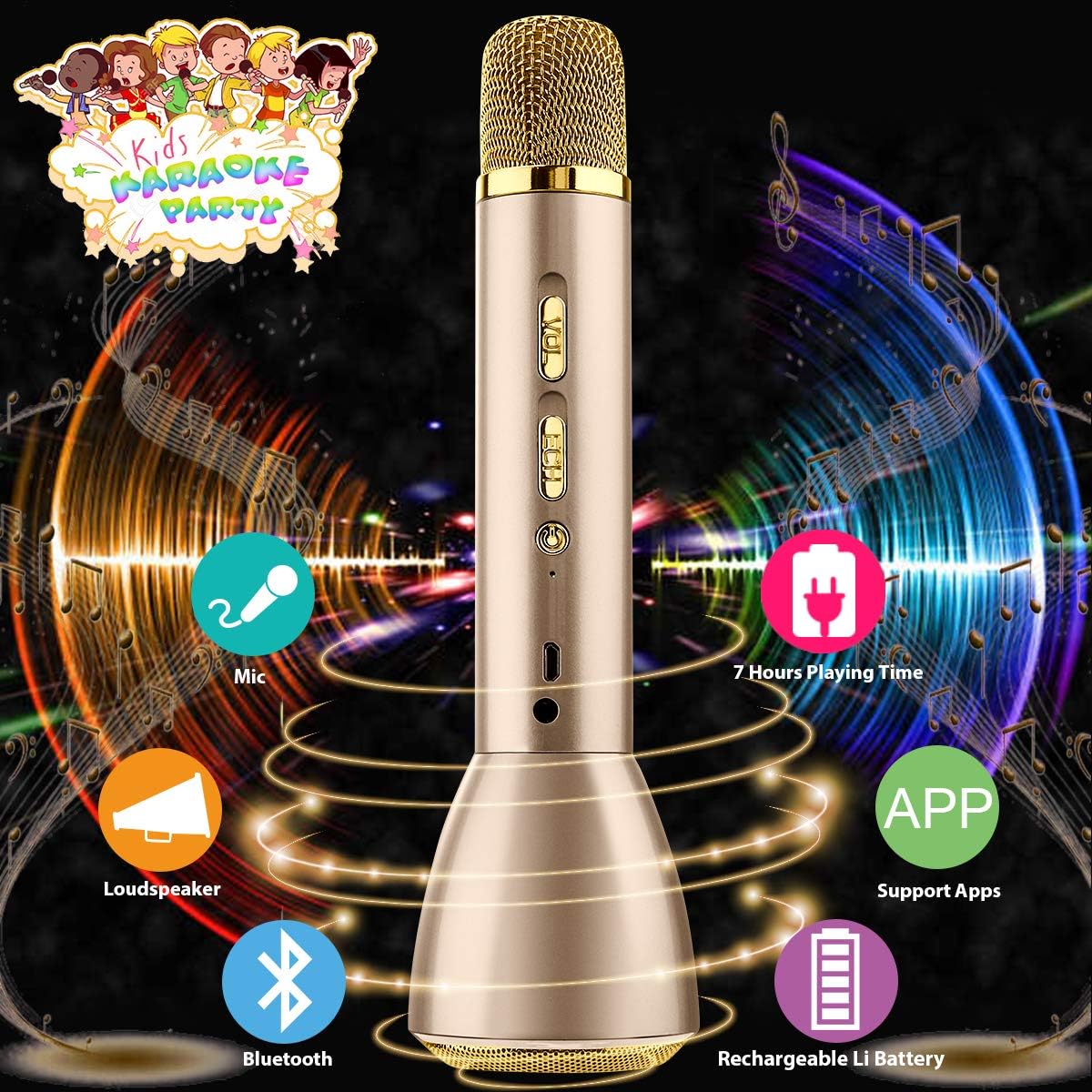Microfono Karaoke Bluetooth Wireless per Bambini, Karaoke Portatile Con