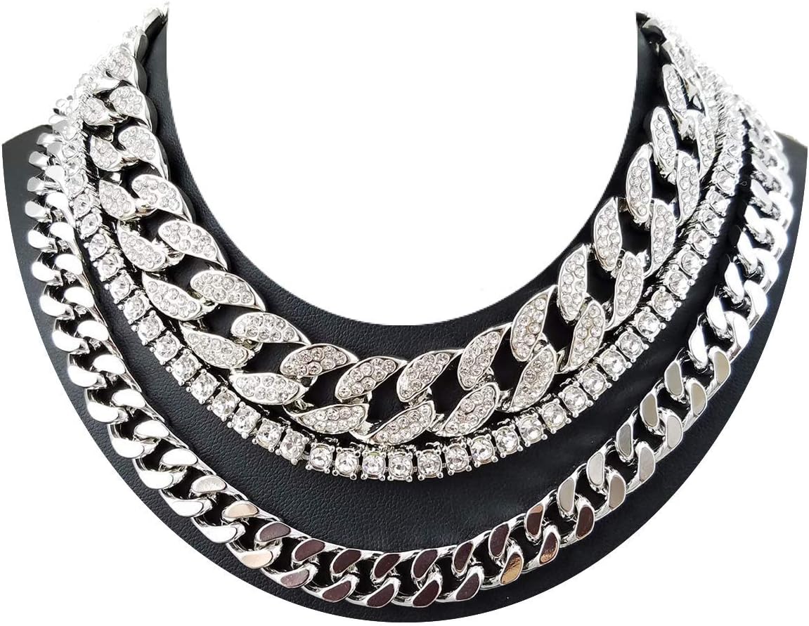 Mens Iced Out Hip Hop Silver tone CZ Miami Cuban Link Chain Choker Necklace