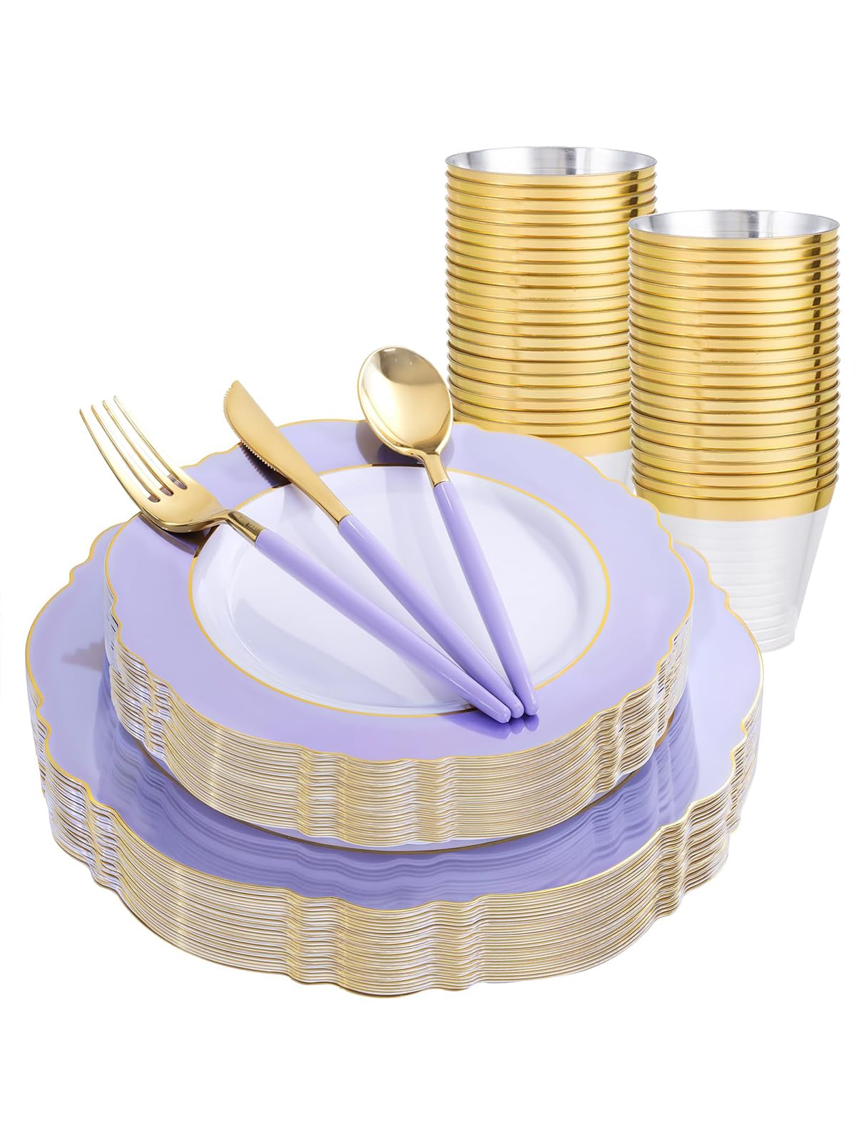 WDF 150Pcs Purple Plates Disposable - Baroque Lavender Purple and Gold Plates - 25Guest Plastic Dinnerware Ideal for Party/Spring/Picnic/Easter Image