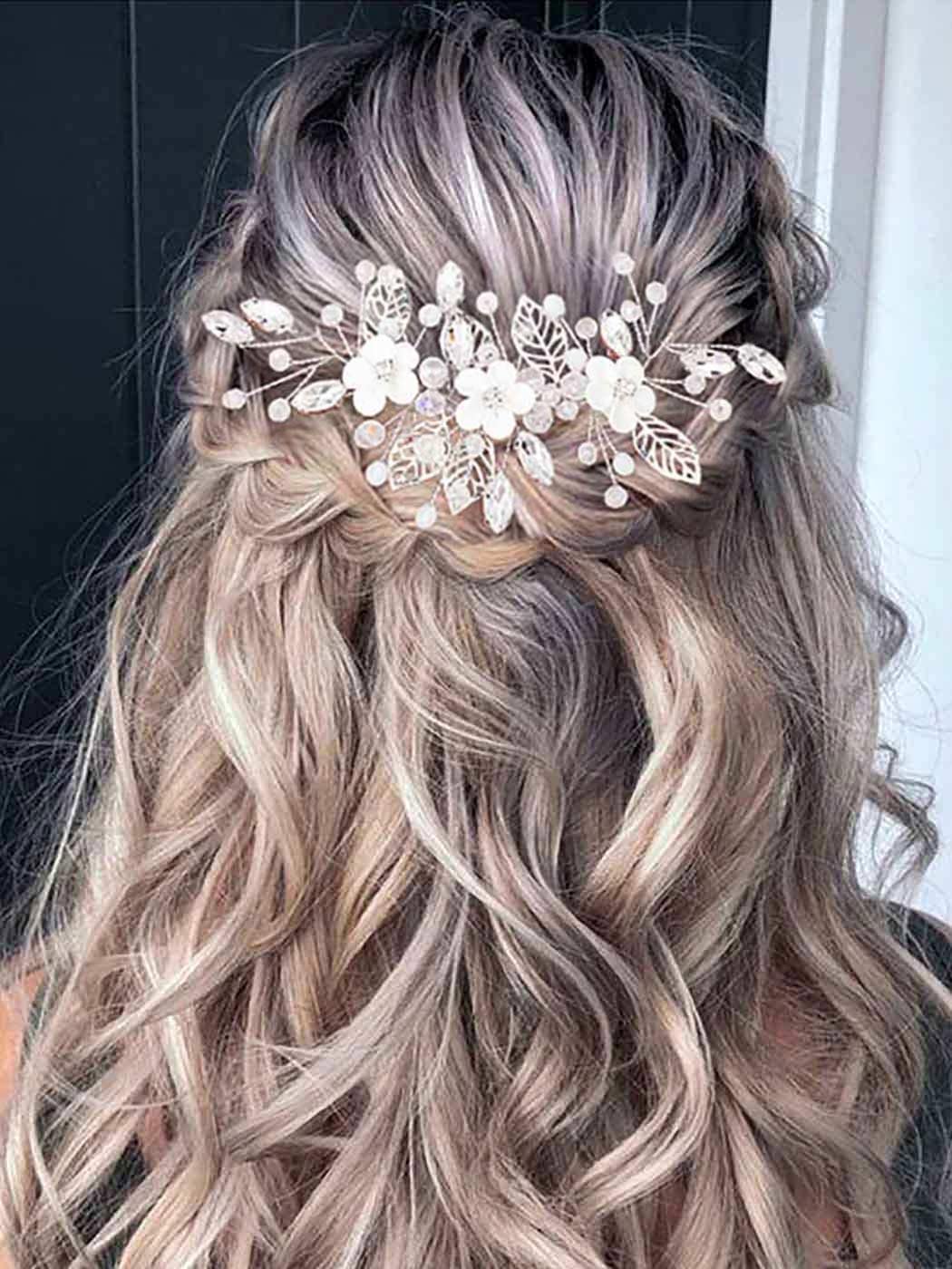 Vakkery Bride Flower Wedding Hair Vines Crystal Hair Piece Bridal Hair Accessories for Women and Girls (Silver)