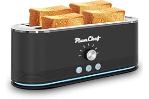 Plum chef 4-Slice Toaster, Extra Wide Long Slot Toaster, 7 Browning Settings, Defrost/Reheat Functions, Removable Crumb Tray,