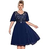 MISSMAY Women's Plus Size V-Neck Sequin Floral Lace Ruffle Style Cocktail Dress for Wedding Guest