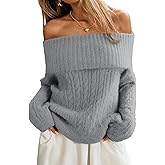 ELLEVEN Women’s Off Shoulder Cable Knit Sweater, Soft Oversized Pullover for Casual Fall Winter Outfits