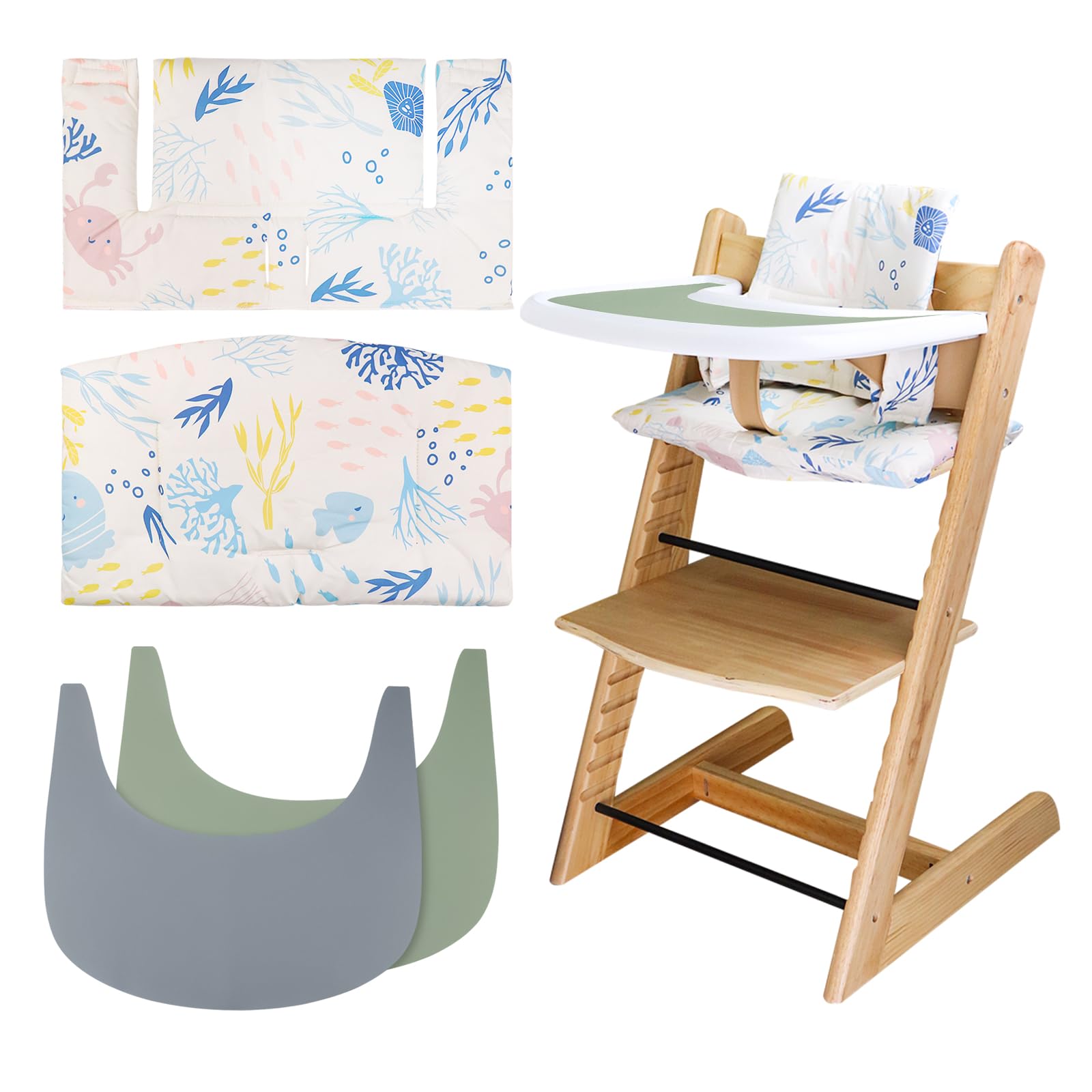 LLHQAMT High Chair Cushion, Soft & Comfortable Baby Seat Cover with 2-Piece High Chair Placemat, Tripp Trapp Baby Cushion, Sea Animals Pattern