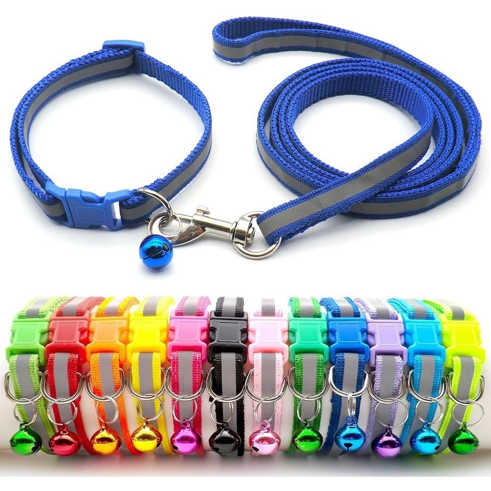 Small Dog Puppy Pet Collar and Lead Set Reflective Hi-Vis Strip Nylon Adjustable Size 19-32cm Collar with Bell and 120cm Leash Blue