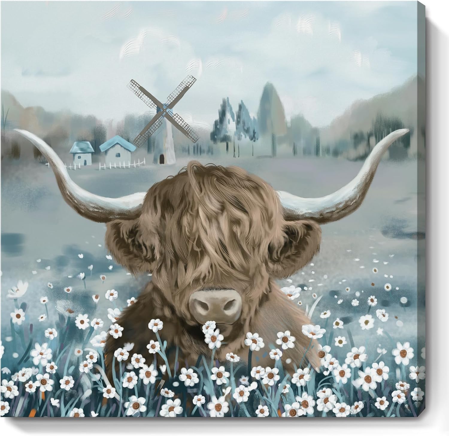 Wall Décor - Highland Cow Bathroom Wall Art Rustic Farmhouse Picture Cute Cattle in the White Daisy Flower Bush Animal Canvas Print Painting Framed Artwork for Kitchen Bedroom Living Room Office Decor 14x14inch