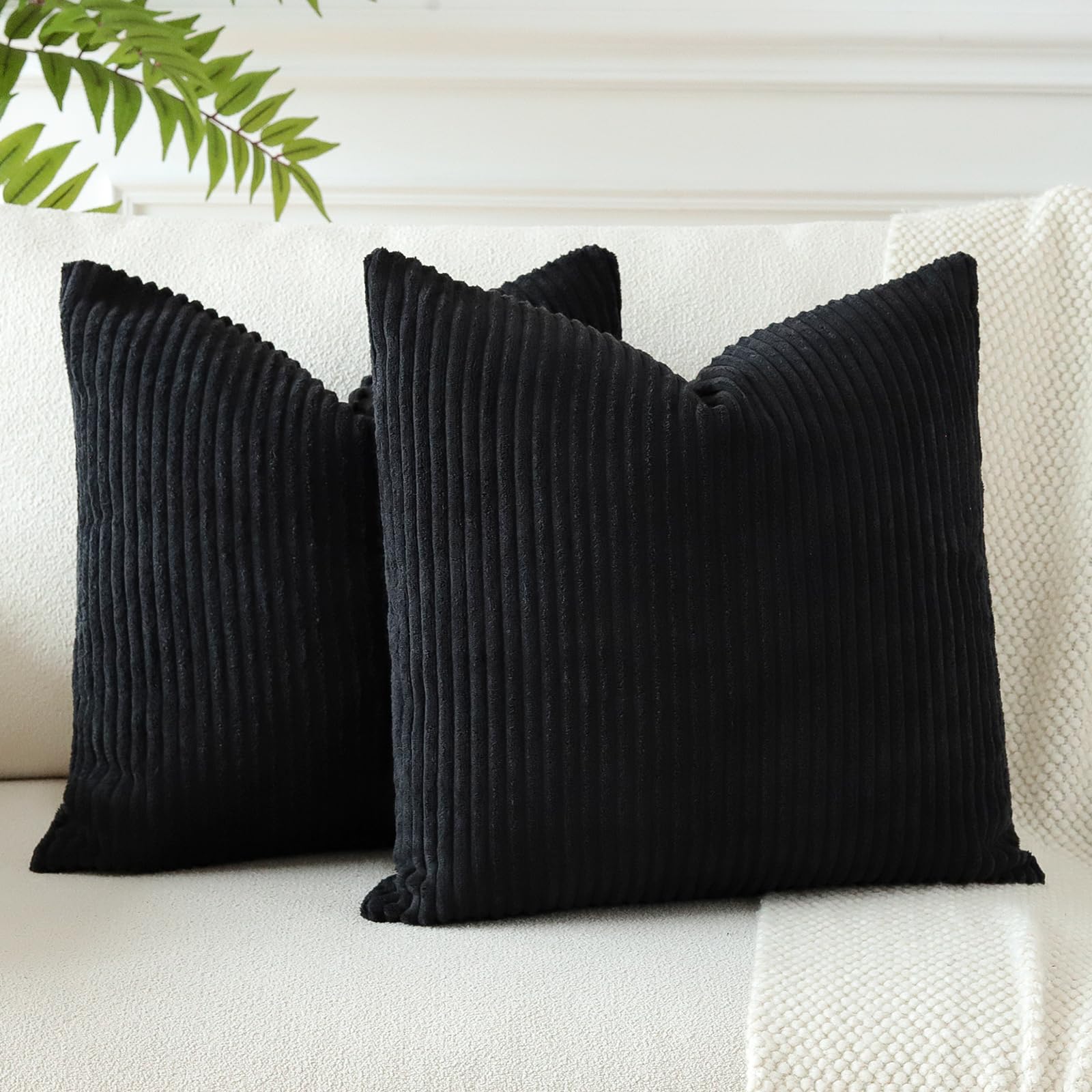 JOTOM Corduroy Soft Striped Boho Decorative Throw Pillow Covers 22x22 Inch Cushion Covers 55x55 cm Square Pillowcase for Couch Sofa Living Room Bed Home Decor Cushion Case Set of 2 (Black) — image 1