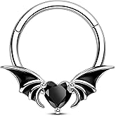 CM Crareesi Mania Black Septum Rings Bat Septum Piercing Jewelry 316L Stainless Daith Earrings Helix Cartilage Piercing Jewelry 16G Black Heart CZ Septum Ring