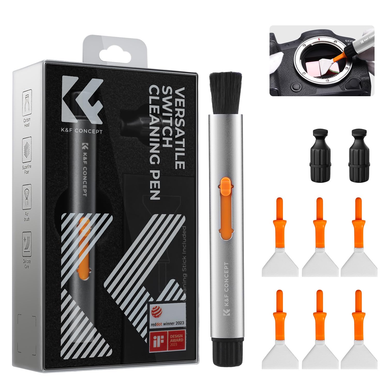K&F CONCEPT Versatile Switch Lens Cleaning Pen, Replaceable Pen Tip with Cleaning Brush+Carbon Tip*2+24mm Full-Frame Cleaning Swab*6 for Camera Filters Screen Phone Computer Tablet AR VR Glasses — image 1