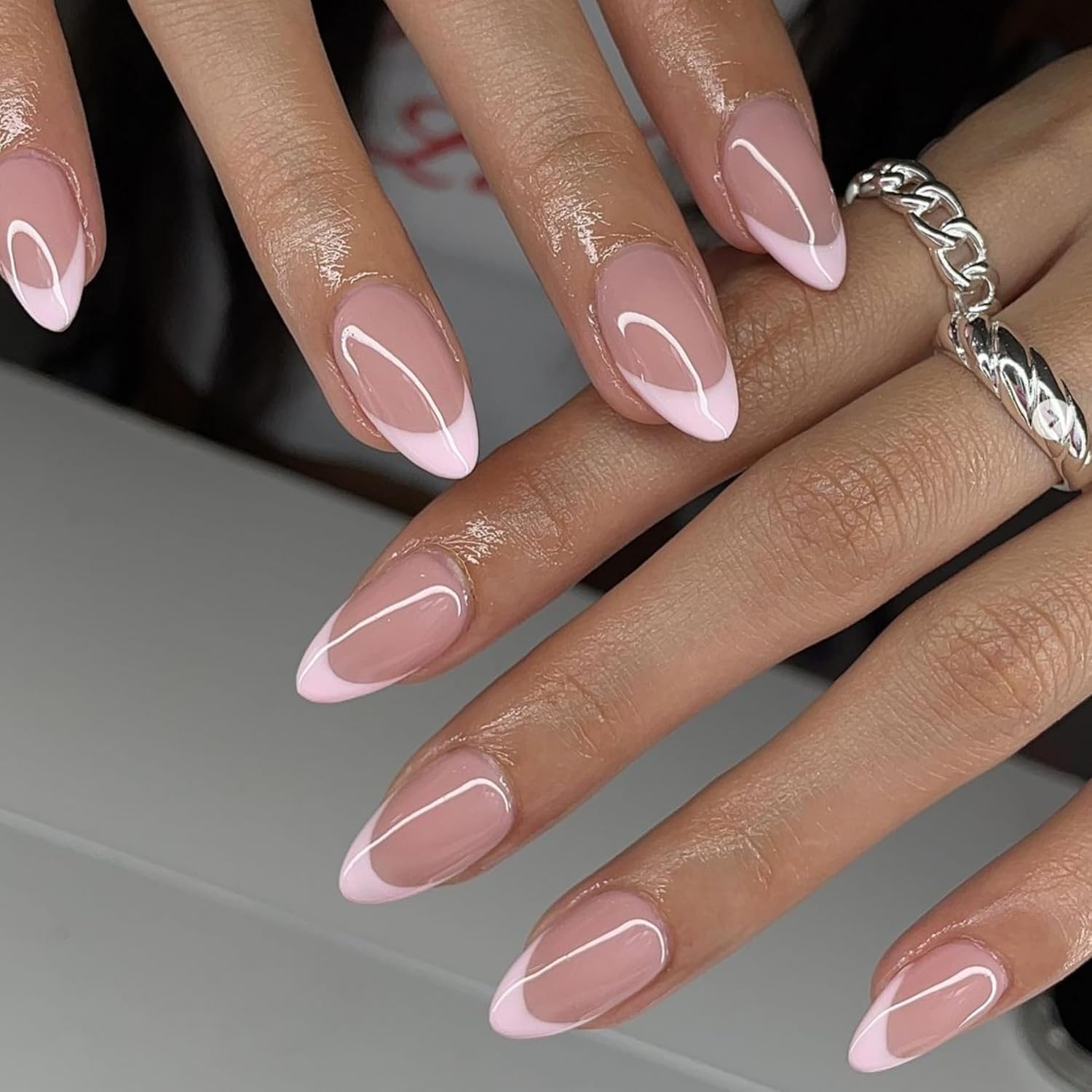 SXVME 30 Pcs Acrylic Press on Nails Short Almond, Pink French Tip False Nails Short Pointed Stiletto, Natural Nude Fake Nails Set Classic Soft Gel Stick on Nail for Women Daily Wedding Wear
