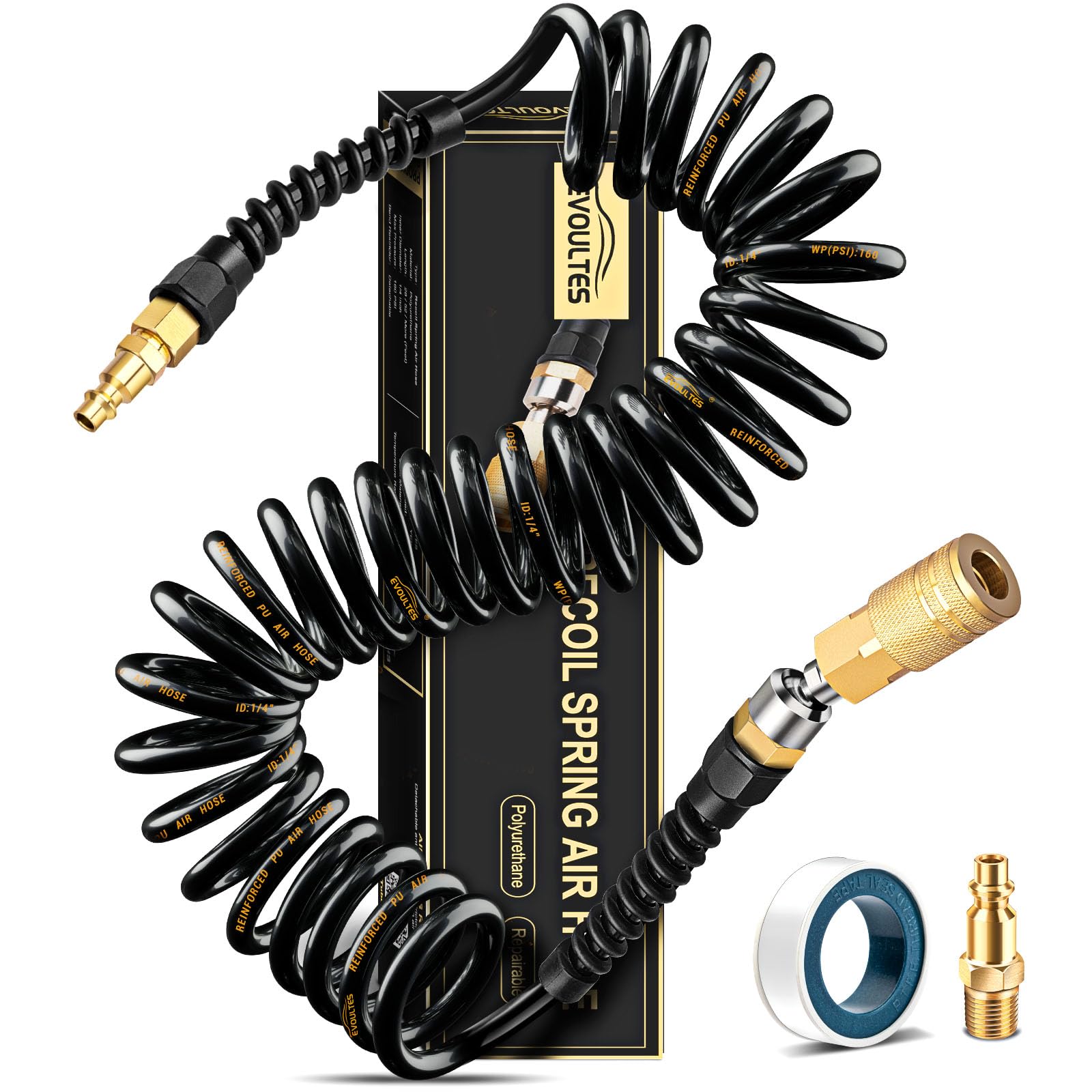 Photo 1 of ****STOCK PHOTO REFERENCE ONLY***EVOULTES 1/4 In x 28 Ft Polyurethane Recoil Air Hose, Upgraded Air Compressor Hose with Repairable Bend Restrictor, Air Hose kit w/ 360° Swivel 1/4" NPT Coupler & Brass Quick Connect Air Fittings