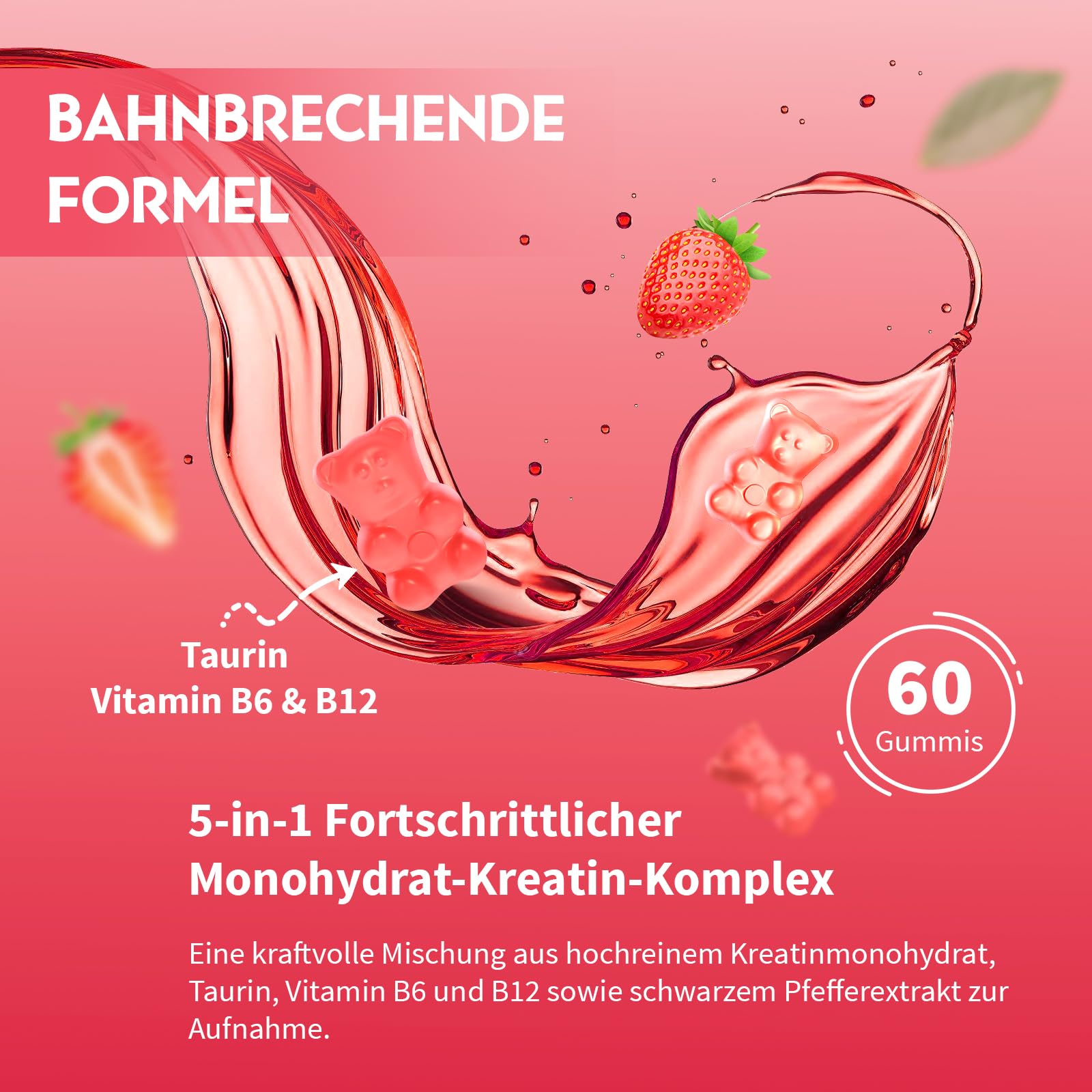 Truvenzara Kreatin-Gummies Komplex 5000mg pro Portion, 5-in-1-Formel mit Taurin & Vitamin B6, Kaubares Creatin-Monohydrat für Männer und Frauen, Beerengeschmack, Vegan (60 Stück (1er Pack)) 4
