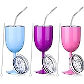 Geiserailie 3 Pcs Stemmed Stainless Steel Wine Glasses with Lid Double Wall Insulated Wine Tumbler with Drinking Straw and Straw Brush 10 oz Cups for Christmas Gifts(Pink, Purple, Light Blue,3 Pieces)