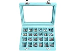 EONGOA Jewelry Box 24 Grid Velvet Earrings Holder Tray Detachable Earring Case Jewelry Showcase for Drawers Glass Clear Lid Organizer Jewelry Display Storage Ring Trays (Light blue)