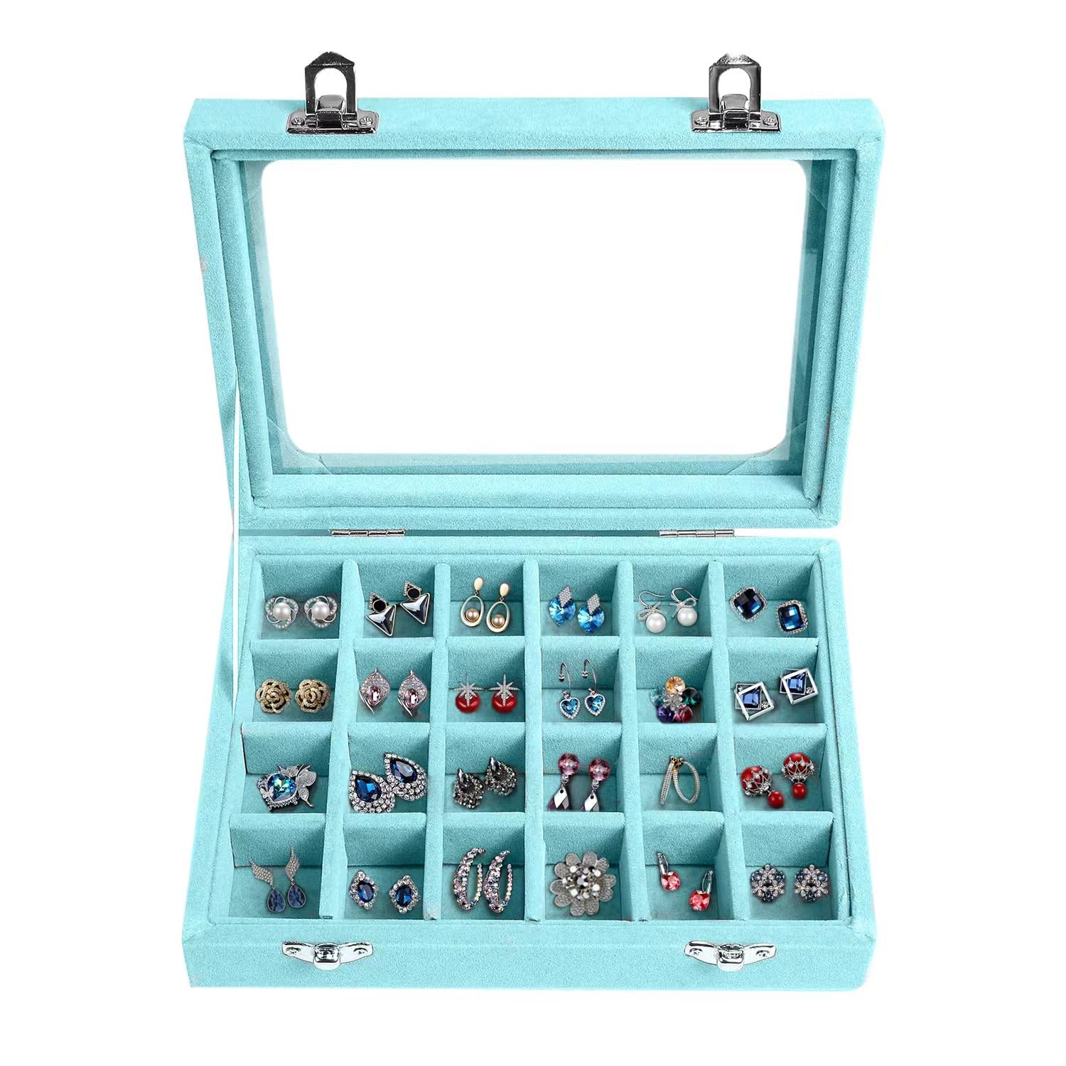 Photo 1 of EONGOA Jewelry Box 24 Grid Velvet Earrings Holder Tray Detachable Earring Case Jewelry Showcase for Drawers Glass Clear Lid Organizer Jewelry Display Storage Ring Trays (Light blue)