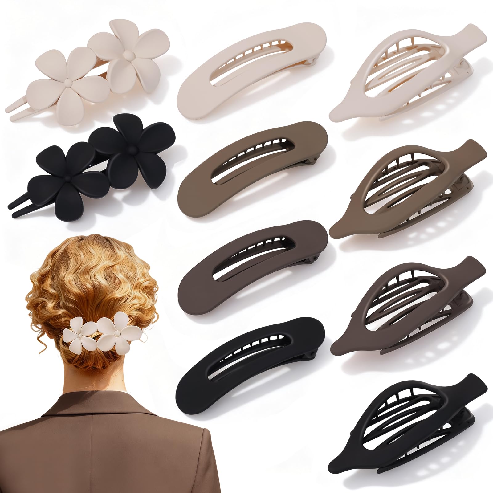 Photo 1 of 10 Pack Flat Hair Clips for Women, 3 Styles Matte Neutral Flat Claw Clips for Women Girls, Strong Hold Non-Slip Styling Accessories for Thick & Thin Hair