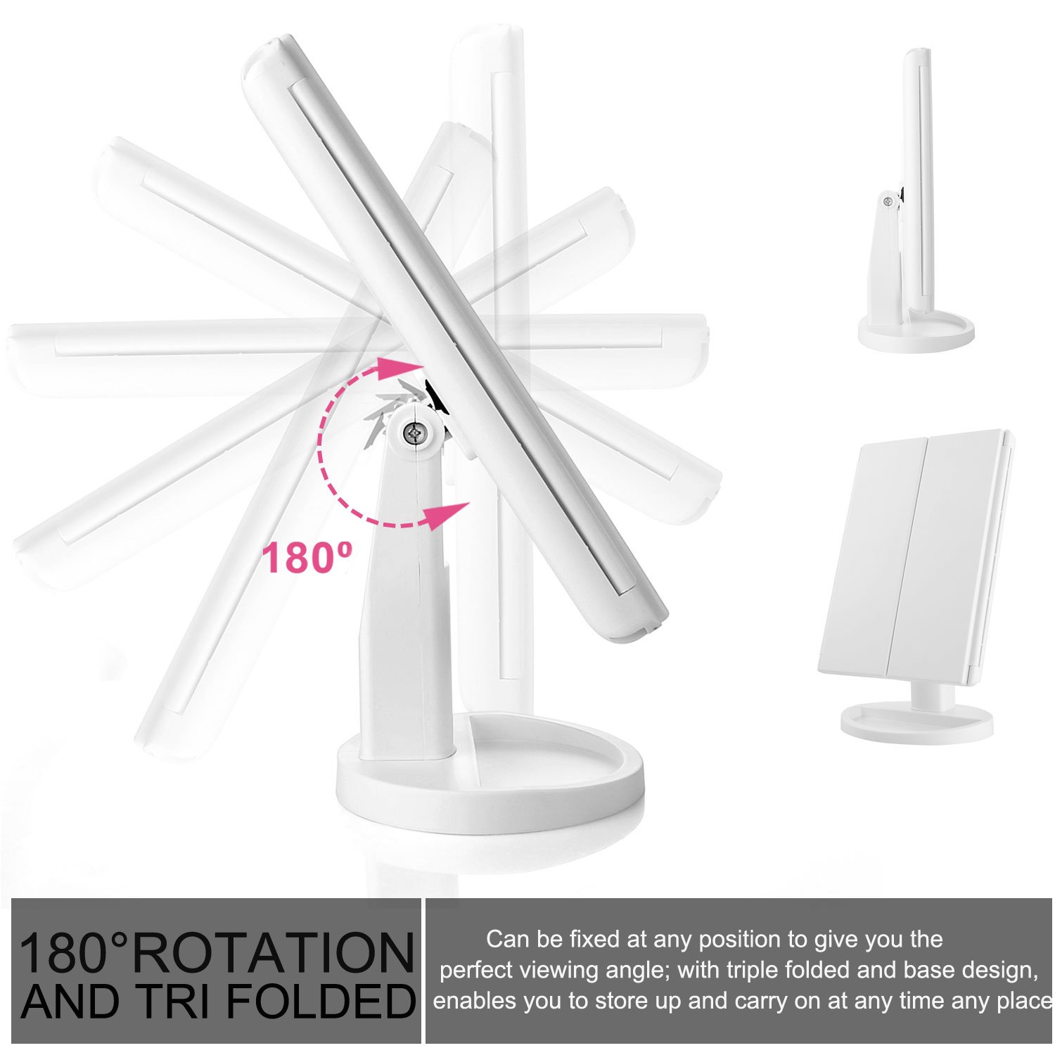 Specchio per il Trucco a Tre Ante,con illuminazione LED,touch-screen, ricaricabile con USB, con 22 luci LED naturali, regolabile a 180°, per il trucco, ripiegabile, con illuminazione- Bianco