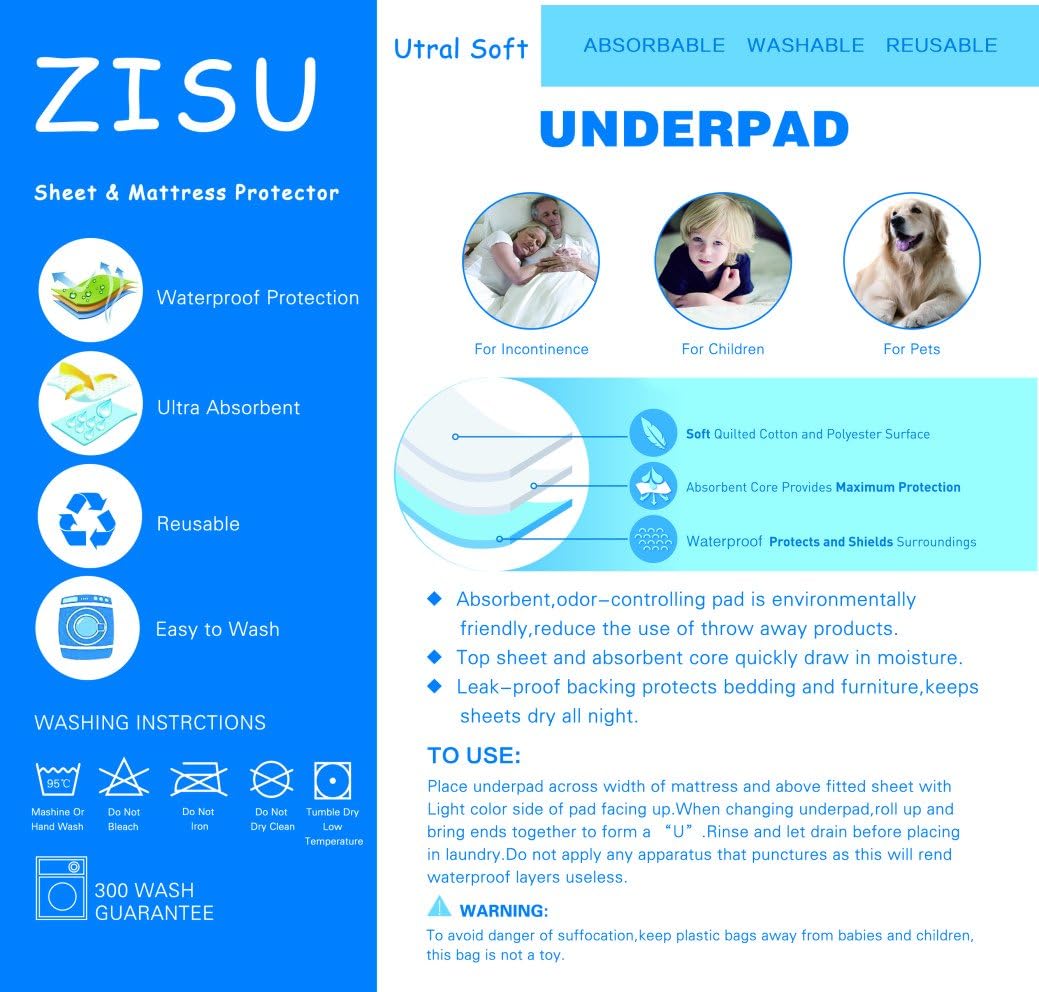 ZISU Pack of 2 Ultra Soft Underpads 36''x 48'',Washable and Reusable Incontinence Bed Sheet Protector for Adult, Child, or Pets: Health & Personal Care
