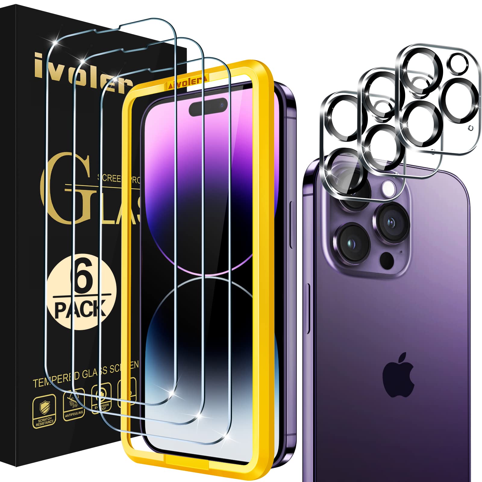 ivoler Screen Protector for iPhone 14 Pro Max, 3 Tempered Glass Film and 3 Camera Lens Protectors with Installation Alignment Aid, 30-second installation,Bubble-Free, HD Clear — image 1