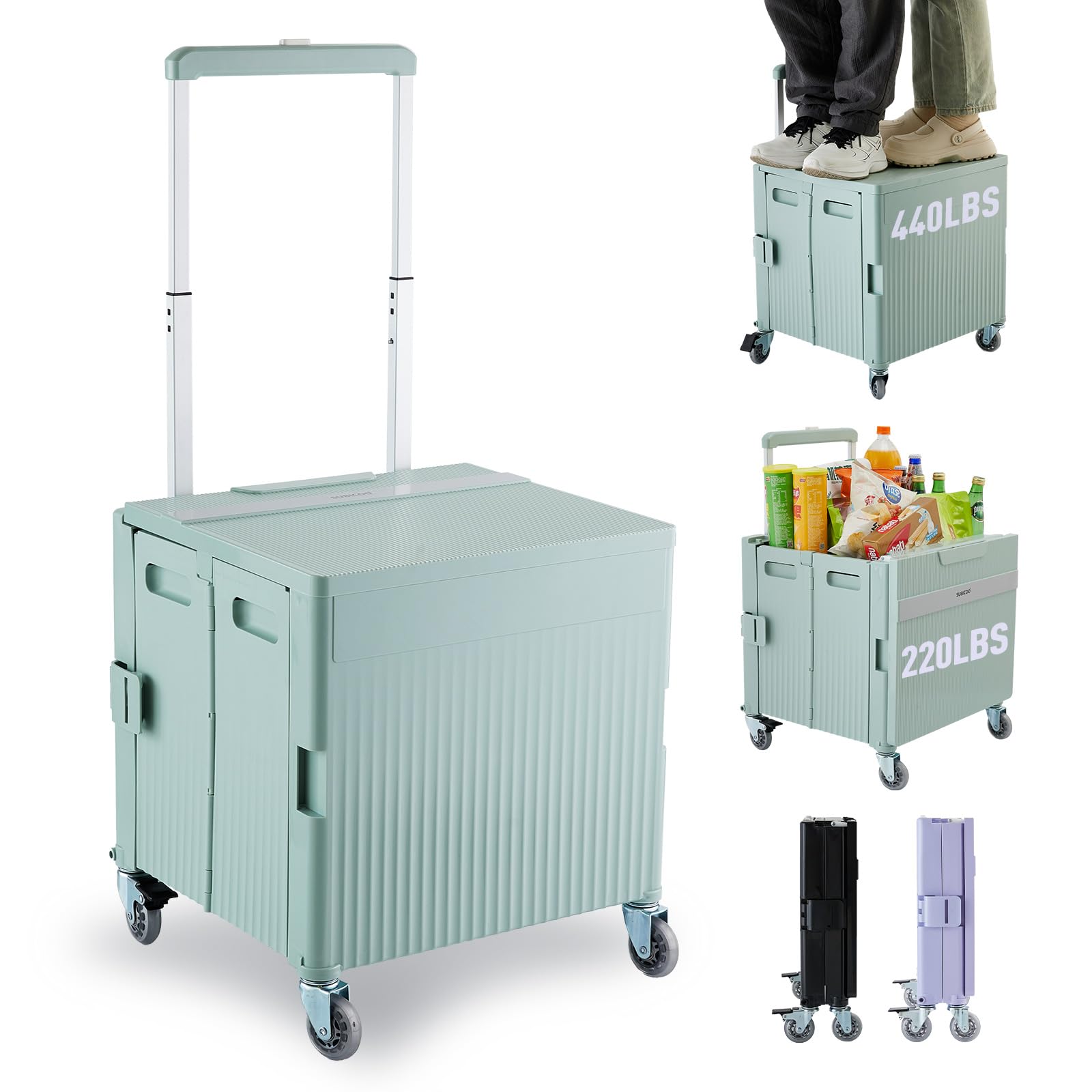 Photo 1 of Folding Utility Cart Portable Rolling Crate Handcart Shopping Trolley Collapsible Tool Box, with Lid, on Rotate Wheels, for Grocery, Shopping, Office, Teacher, Camp,File (Green)