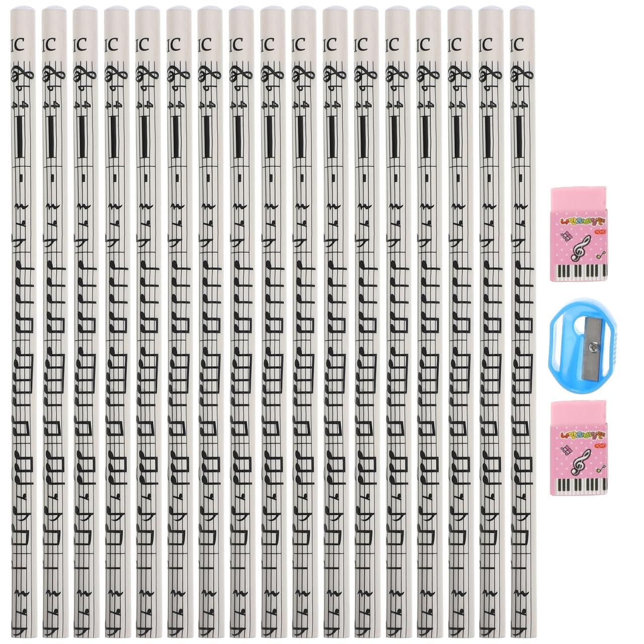 TEHAUX 36 Pack Music Note Pencils with Erasers & Sharpener White Musical Themed Round Wooden Pencils 6 Inch Funny Stationery School Writing Supplies for Students, Piano Teacher Choir Party Favours