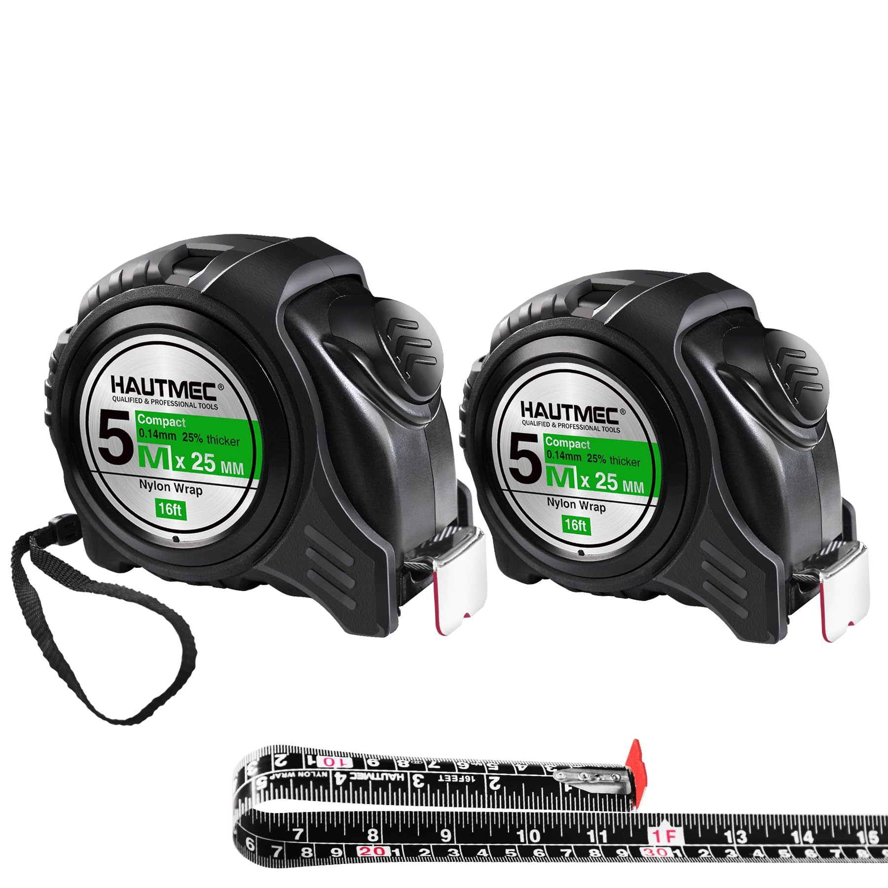 HAUTMEC 5m Tape Measure Metric & Imperial Measuring Tape, Auto-Lock with Nylon Coated Blade & Rubber Case, for Construction, woodworking, DIY 0100-2pc
