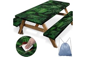 BRITOWN Picnic Table Cover with Bench Covers Elastic Edges, Green Leaves Fitted Table Cover, Outdoor Patio Camping Essentials 72 Inch 3PCS, Waterproof Camping Fitted Tablecloth with Drawstring Bag