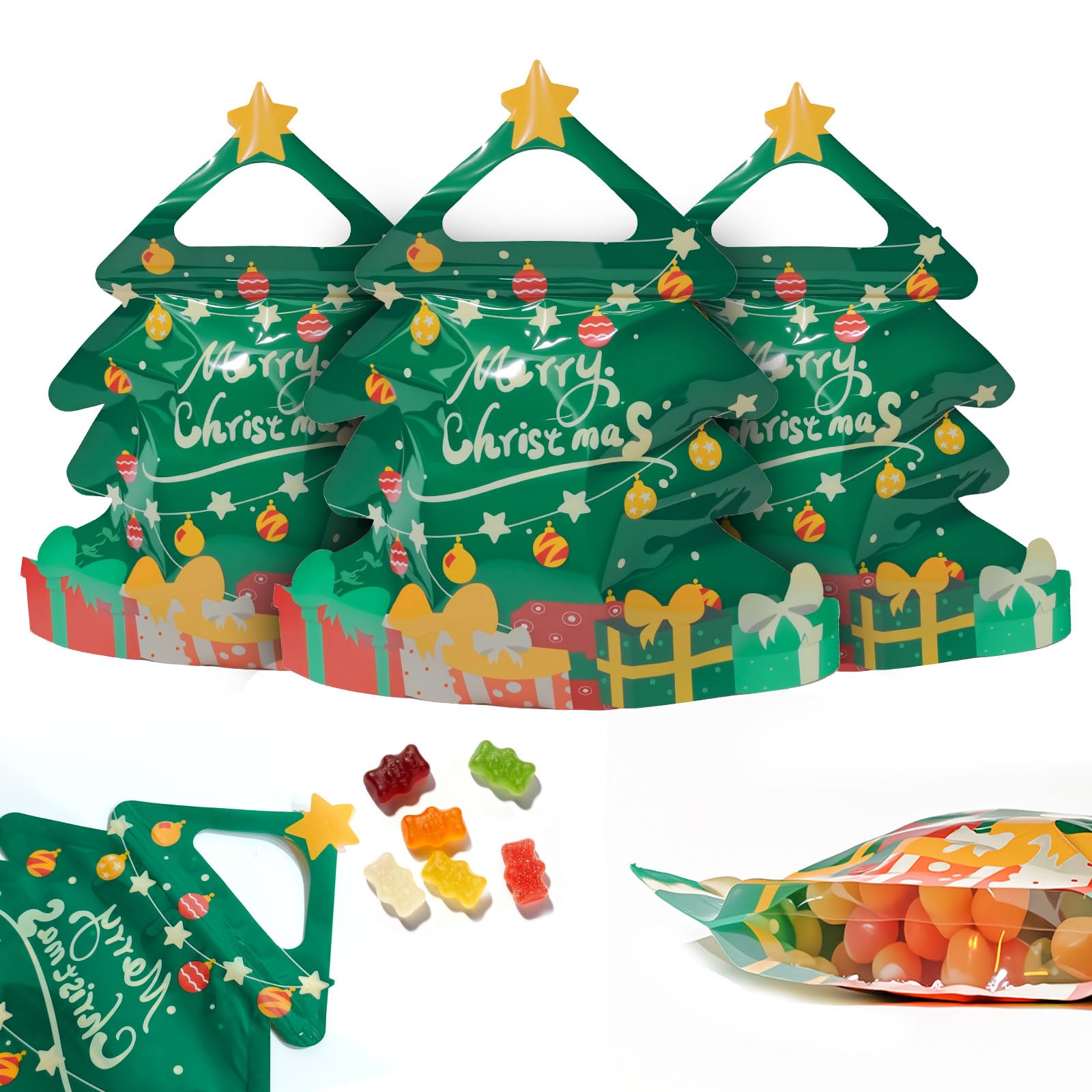 Photo 1 of 10Pcs Christmas Goodie Bag Reusable Ziplock Bags Xmas Tree Shape Merry Christmas Treat Bags With Handle for Candy, Cookie, Party Supplies