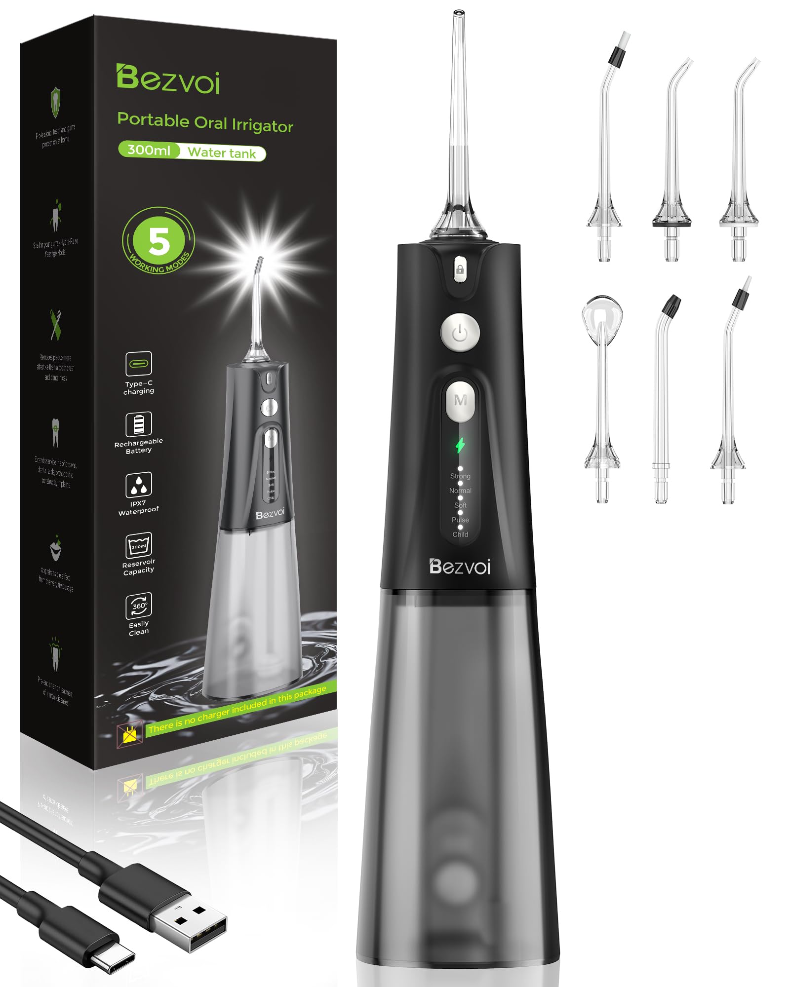 Bezvoi Water Flosser for Teeth Cordless: Oral Irrigator with 5 Modes, 300ML Water Tank IPX7 Waterproof Electric Tooth Cleaner, Water Floss with 6 Tips for Dental Care Cleaning, Jet Black