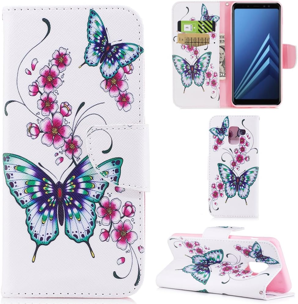 Ooboom® Samsung Galaxy J6 Case Flip Folio PU Leather Wallet Cover Pouch Stand with Credit Card Slots Cash Holder Packet Magnetic Clasp for Samsung Galaxy J6 - Butterfly Peach Blossom