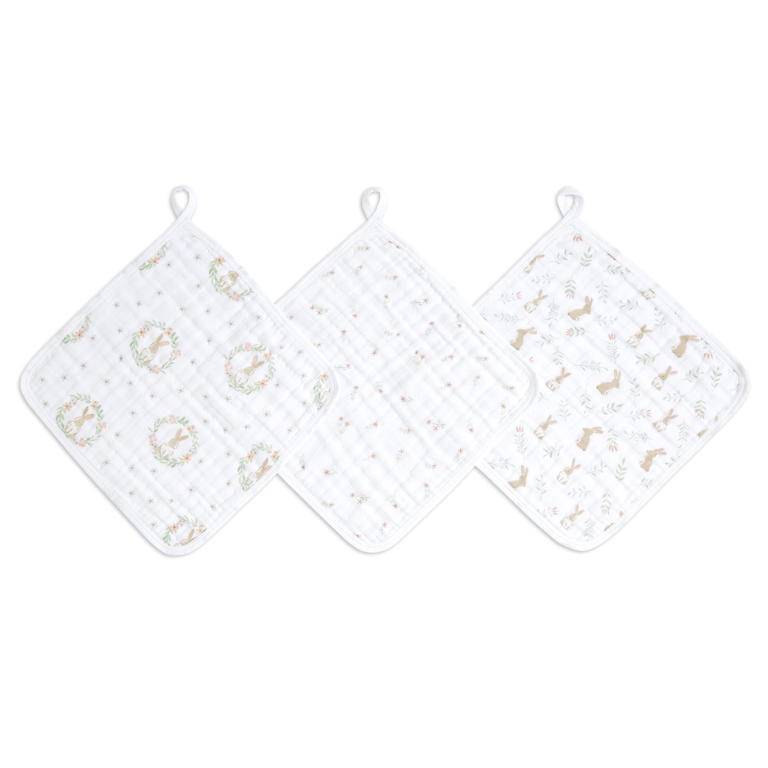 aden + anais essentials Washcloth Set, Super Soft 100% Cotton Muslin, 27.5x27.5cm, 3 Pack, blushing bunnies