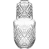 Bedside Water Carafe with Cup, Modern Water Pitcher Set for Bedroom Nightstand, Bedside, Ticked Glass Mouthwash Decanter for Bathroom (18.5 oz, Clear)