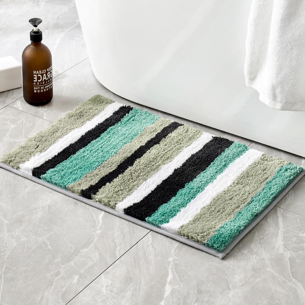 MIULEE Bath Mats Extra Soft Non Slip Absorbent Shower Mat Bathroom Rug Door Mat Inside Kitchen Rugs Carpet Washable for Bedroom Kitchen Entrance 17x24 Inch 40x60cm Blue-Green and Grey