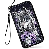 SDDFRHGH Wristlet Wallets for Women,Large Capacity RFID Blocking Leather Zip Around Travel Wallet Phone Purse Clutch Bag w/8 Cards Holder & Zip Inner Pocket-Wolf with Purple Flowers