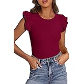 PRETTYGARDEN Womens Summer Crew Neck T Shirts 2026 Trendy Ruffle Sleeve Slim Fit Knit Going Out Tops Casual Spring Clothes