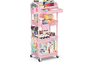 SUNALLY 4 Tier Rolling Utility Cart with Drawer, Storage Organizer Cart with 2 Lockable Wheels, Multifunctional Rolling Storage Cart for Bathroom, Kitchen, Craft, Makeup, Baby Essentials, Pink