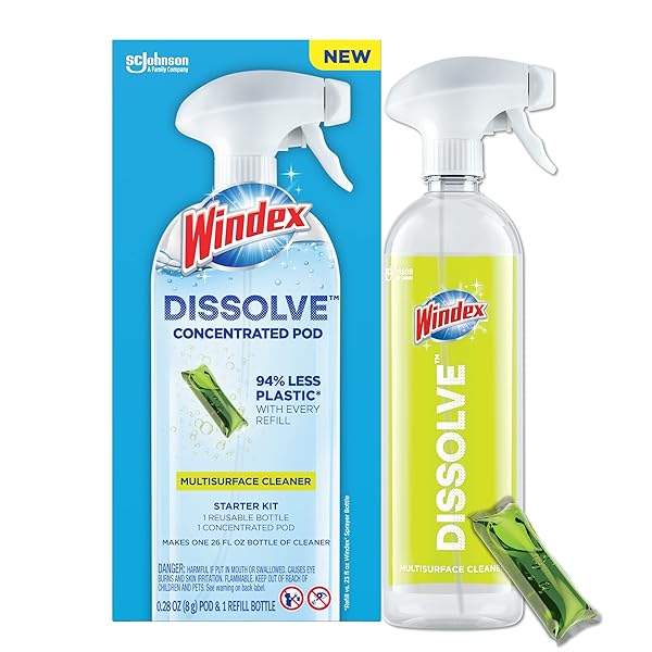 WINDEX DISSOLVE CONCENTRATED PODS, MULTISURFACE CLEANER STARTER KIT CONTAINS 1 REUSABLE BOTTLE, 1 CONCENTRATED DISSOLVABLE POD