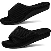 GRITHEIM Women's Orthopedic Arch Support Slippers Fuzzy Adjustable Orthotic Slippers for Plantar Fasciitis Ladies Furry Supportive Corduroy Memory Foam Open Toe Gift Slide