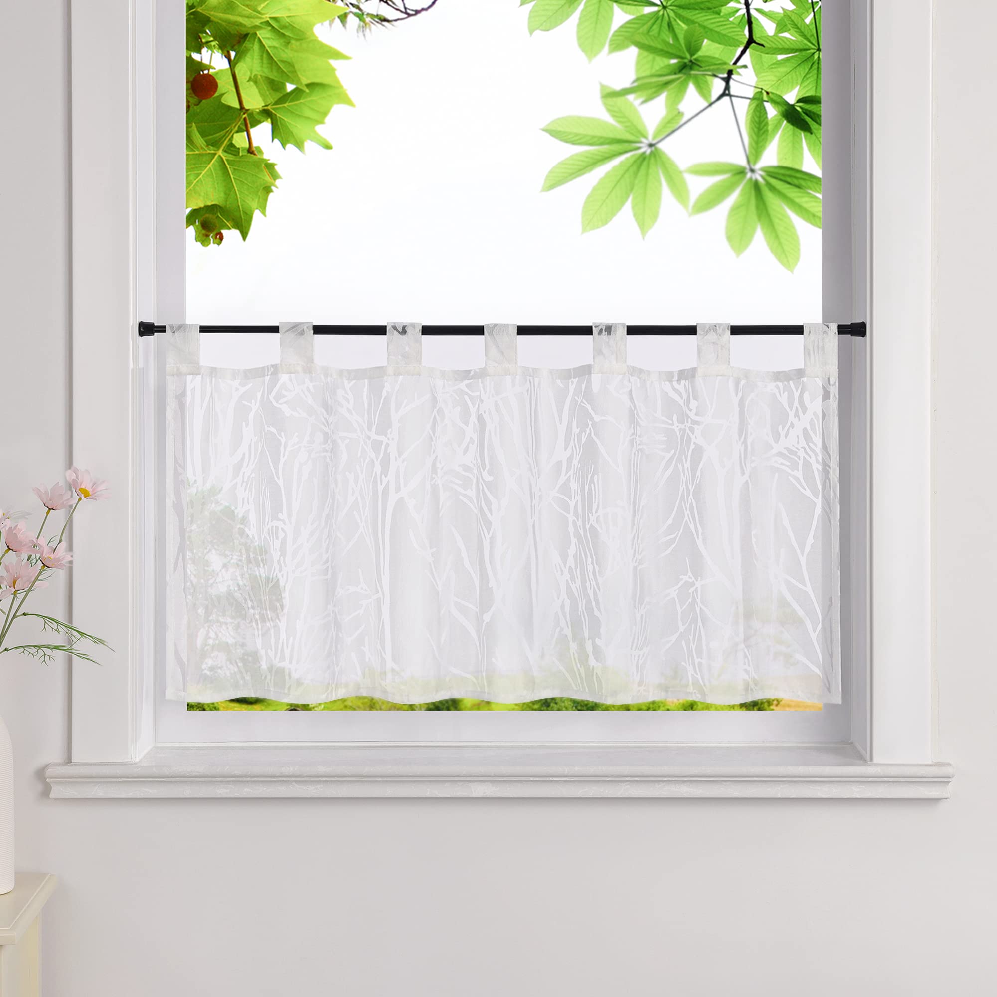 Heichkell Burnout Net Curtain Transparent Short Voile Kitchen Curtain Branch Pattern White H x W 60 x 120 cm