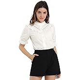 Allegra K Women's Button Down Shirt Cotton Short Sleeve Ruffle Stand Collar Lacework Work Blouse Top