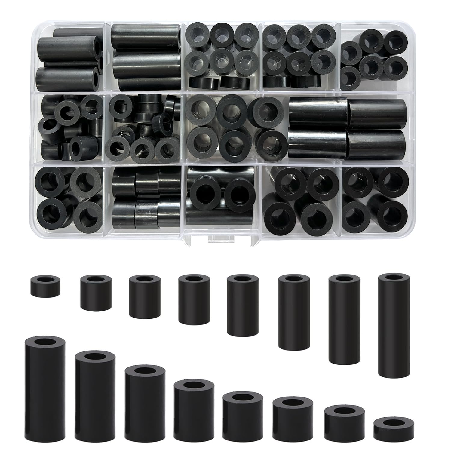 102pcs Plastic Spacers Washers Assorted,M6/M8 Nylon Spacers Fixings Washers For Insulation Column,16 Different Sizes Non-Threaded Column Standoff Support (Black)