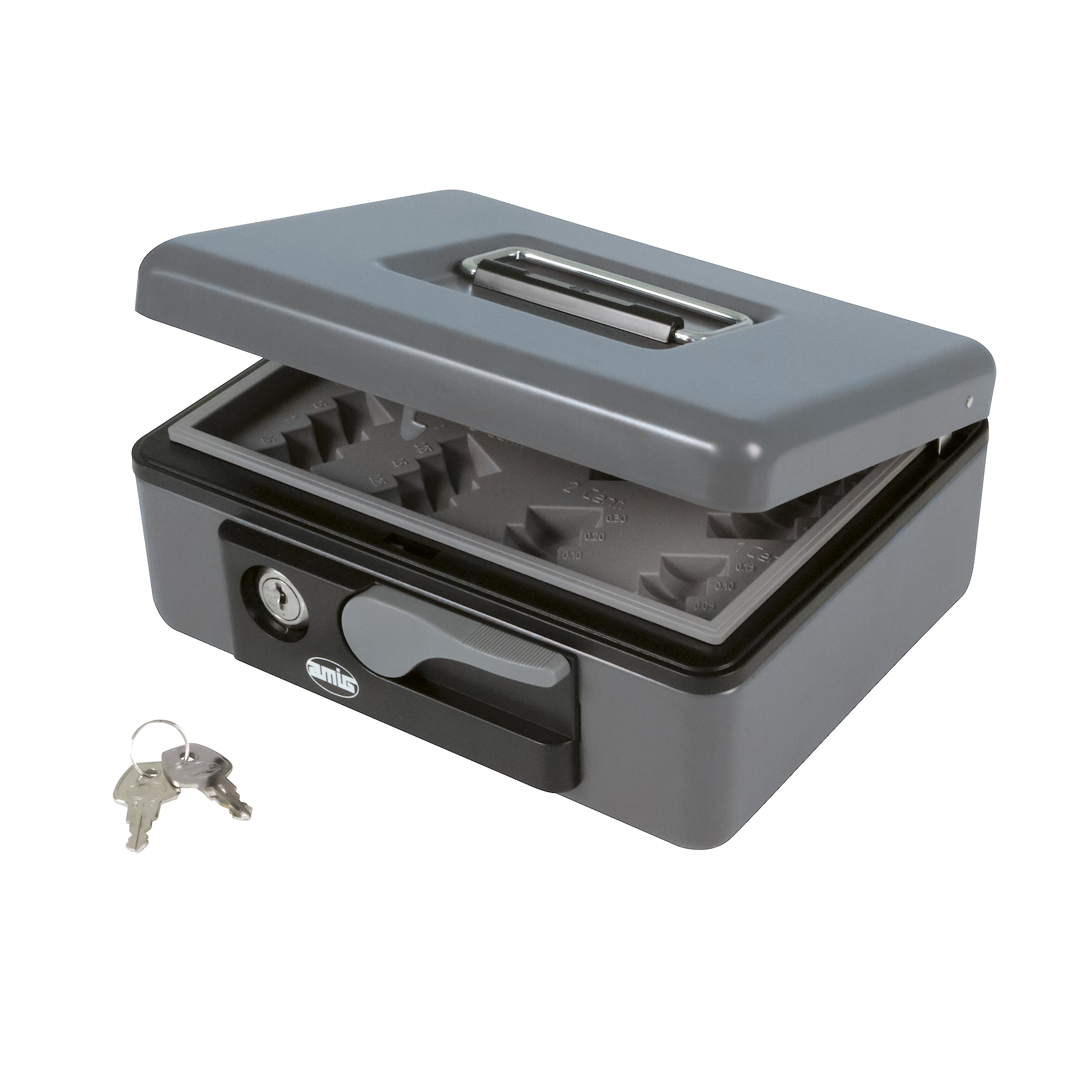 Amig - Safety Cash Box Made of Alloy Steel, 197 x 154 x 80 mm, with Coin Tray and Automatic Handle, Security Cylinder and 2 Keys, Grey — image 1