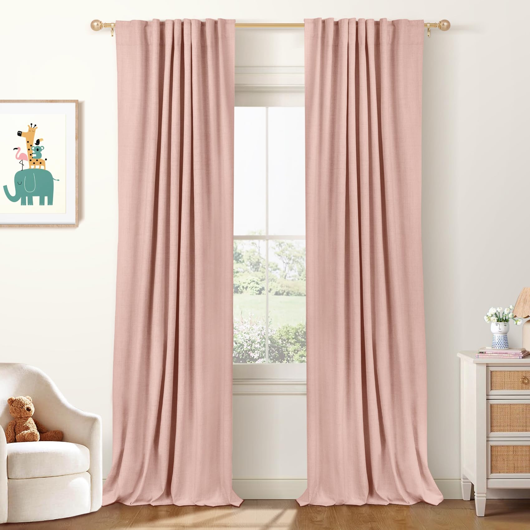 Photo 1 of 100% Blackout Shield Linen Blackout Curtains for Bedroom 120 Inches Long, Back Tab/Rod Pocket Living Room Drapes, Thermal Insulated Blackout Curtains 2 Panels Set, 50" W x 120" L, Blush Pink