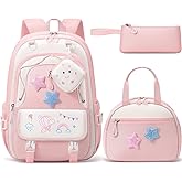 Fimibuke Kids Backpack for Girls, 4 PCS Waterproof Teen Girls Backpack with Lunch Box, Pencil Case & Headphone Bag Set, Cute Kids Bookbag Travel School Bag for Elementary Middle High School Student