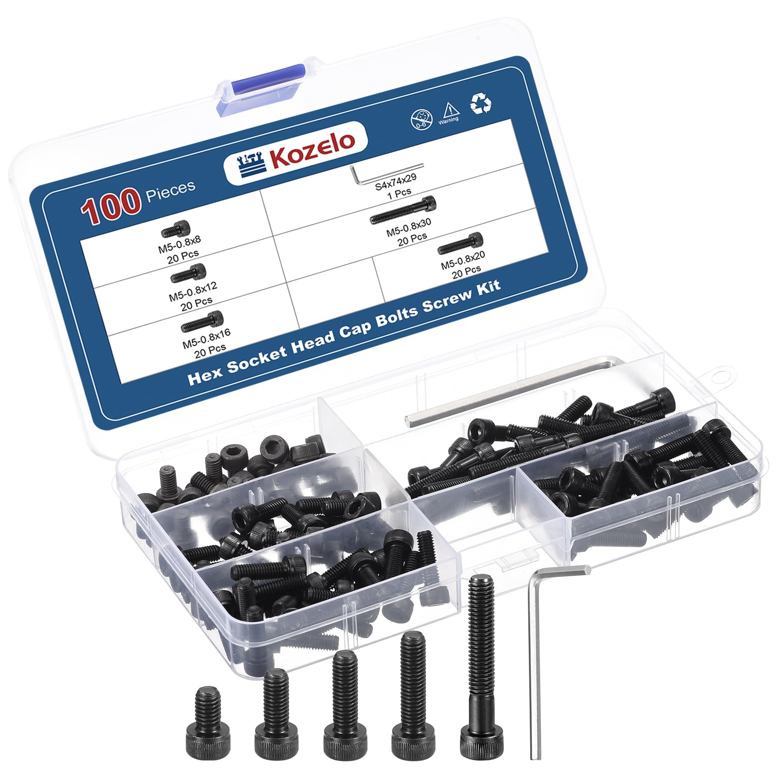 Kozelo 100pcs M5 Socket Head Cap Screws Bolts Nuts Assortment Kit - [M5x8/12/16/20/30mm] Alloy Steel Fully Threaded Black Oxide 12.9 Internal Hex Screw for 3D Printer Use, with Wrench