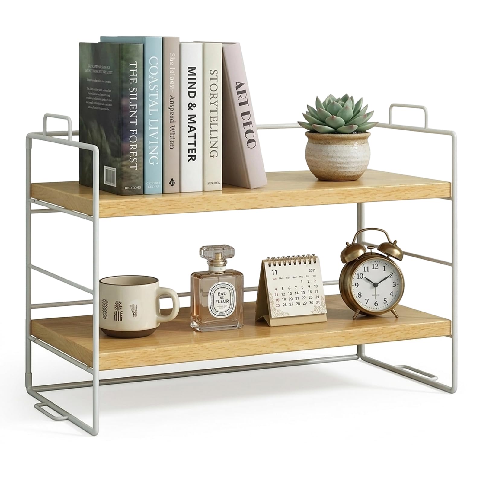 Milky Way Desktop Shelf Organizer, Small Desktop Bookshelf Desk Shelves Bookshelf Adjustable Desktop Organizer Desk Storage for Home Office Kids Dorm (Wood White Frame)