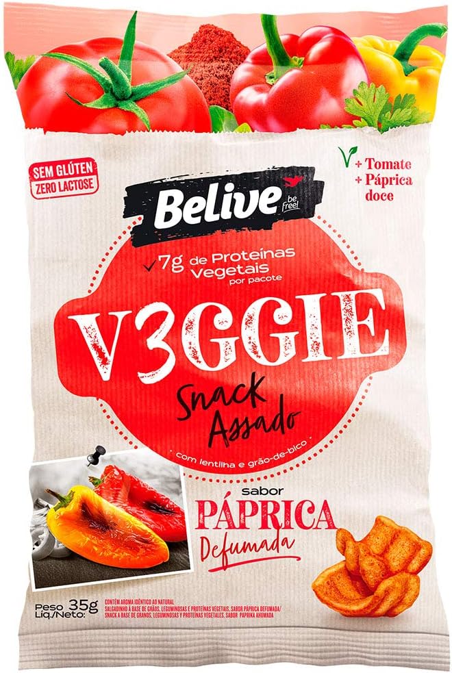 Snack V3Ggie Sabor Páprica Defumada com Grãos Vegetais e 7g de Proteínas Vegetais Snack Saudável Belive 35g